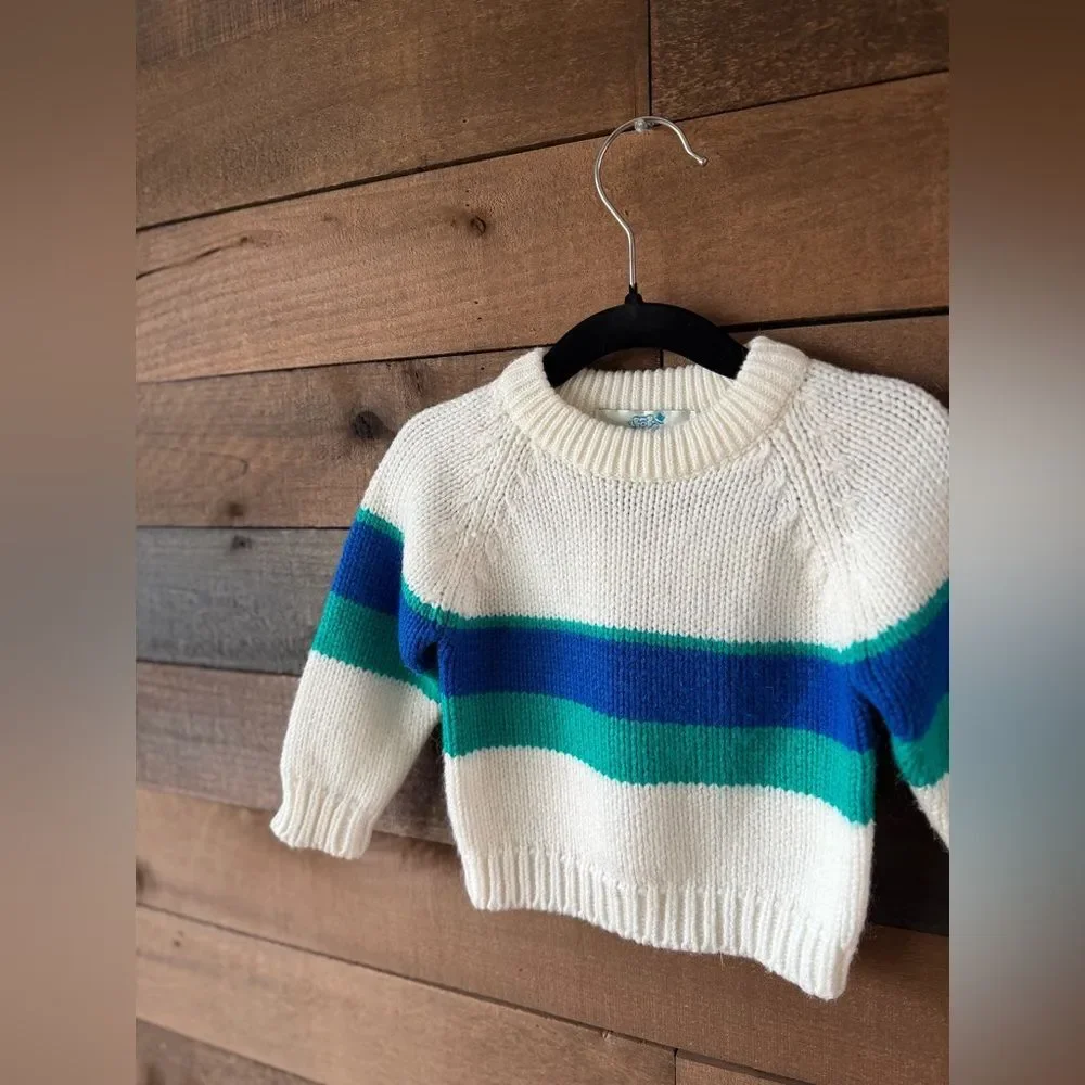Vintage 80s Stork Club Knit Toddler Set Cream Stripe 12M
